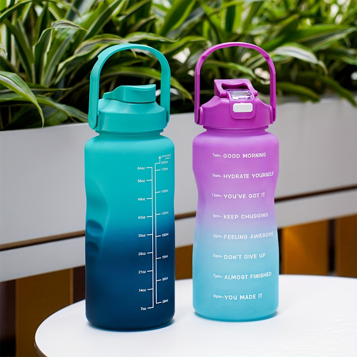 68oz gradient water bottle with motivational time markers, leak proof straw, ideal for running and sports, hand wash only, PVC free, great holiday gift option.