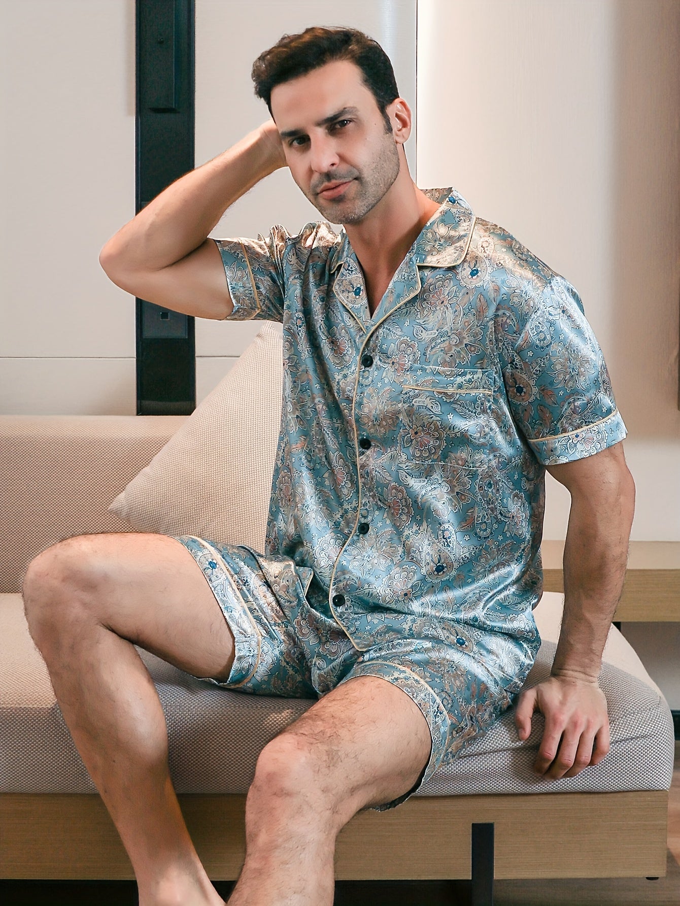 2 Men's short-sleeved floral print pajama set for summer.