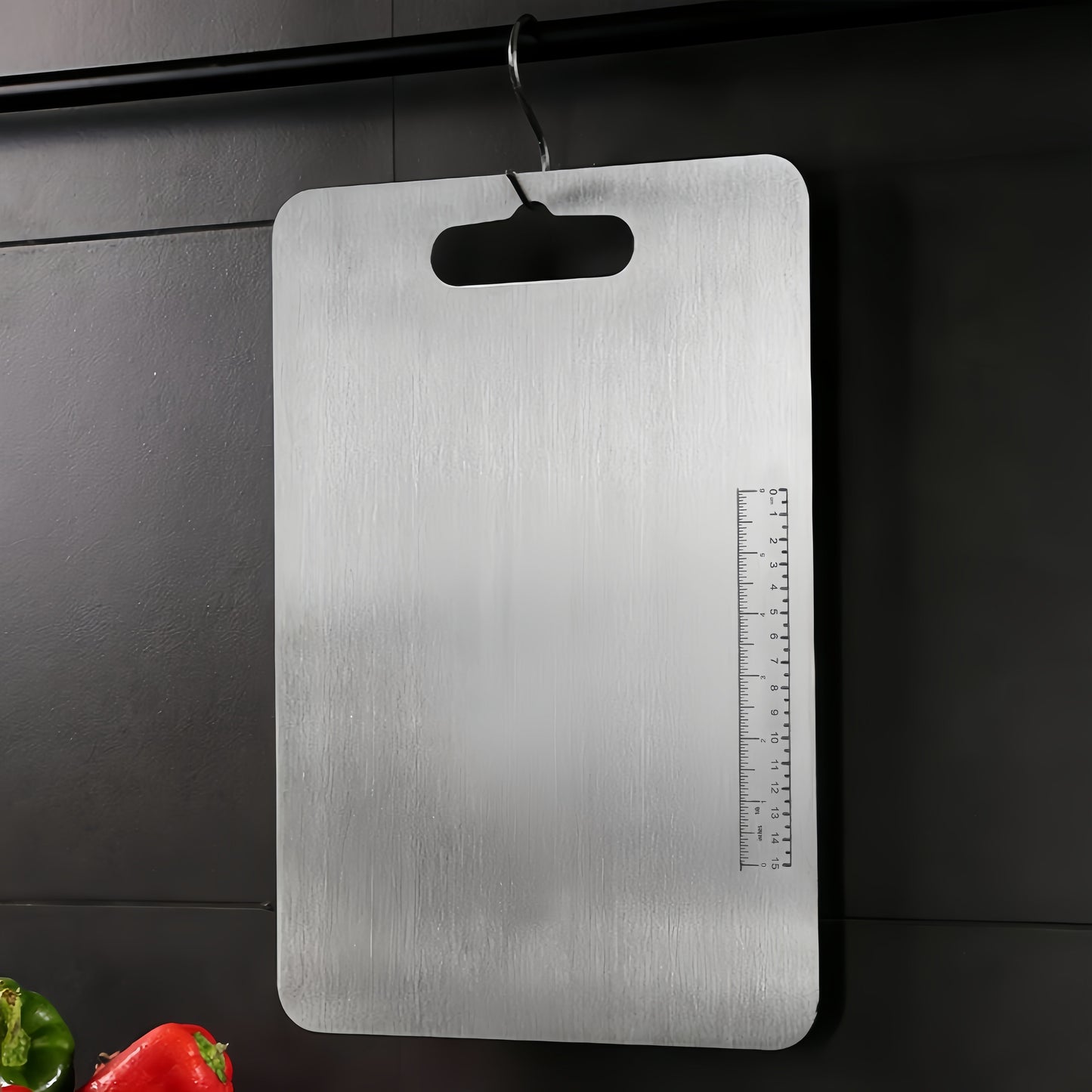 Three stainless steel cutting boards with scales, featuring a double-sided food grade design that can be hung in the kitchen. Ideal for cutting meat, fruits, and vegetables.