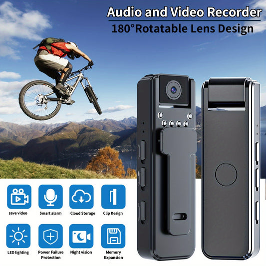 Body camera with audio and video recording, 6-hour 1080P recording, 180° rotating lens, night vision, body worn camcorder for personal travel, walking, and sports.