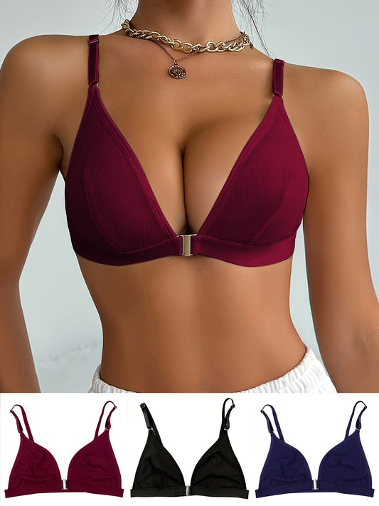 Set of 3 elegant wire-free bras for women with high support, solid color knit design, front closure, and no padding for comfortable fit.