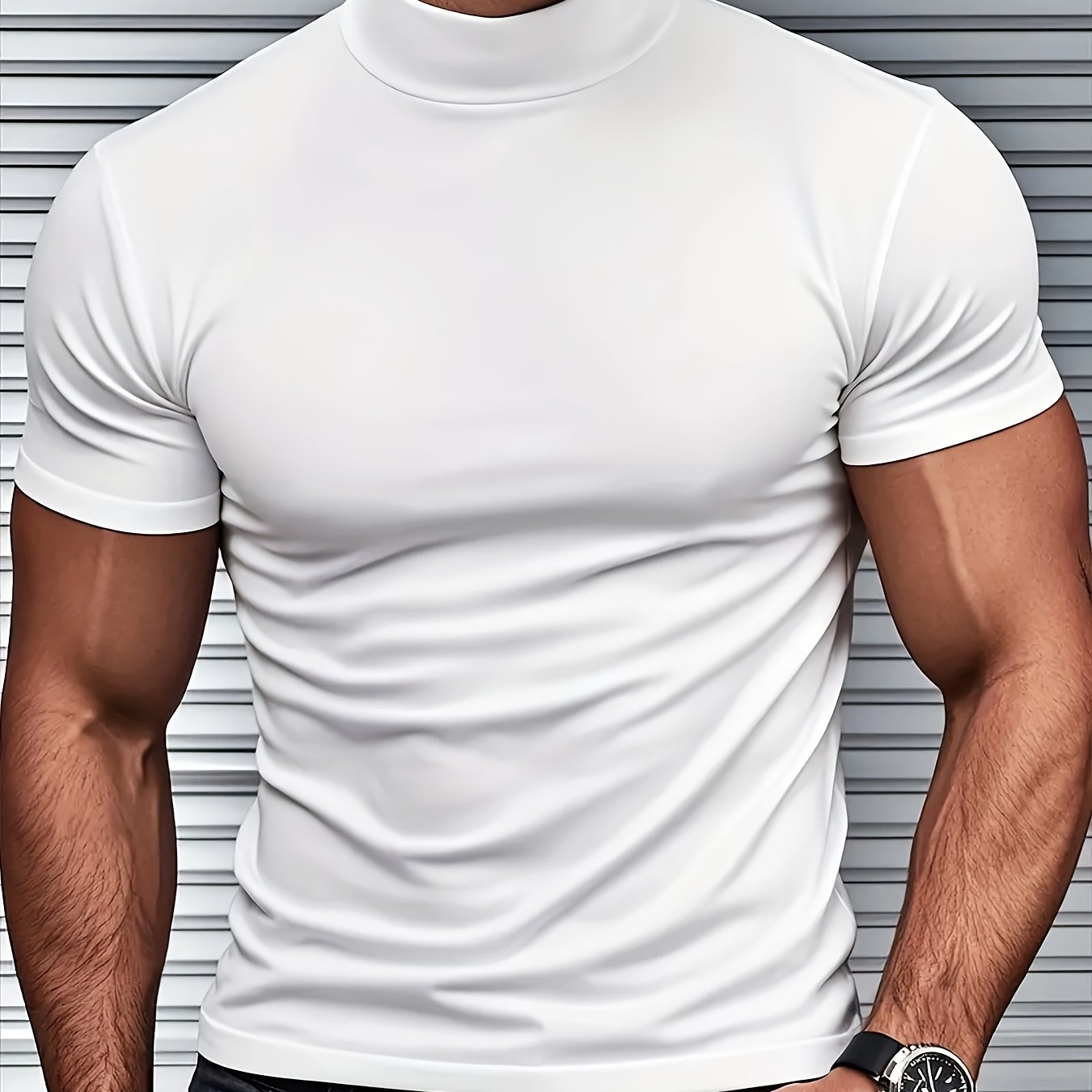 Men's slim fit short sleeve t-shirt with stand collar, ideal for gym and outdoor activities, made of breathable polyester-spandex blend, suitable for all-season wear.