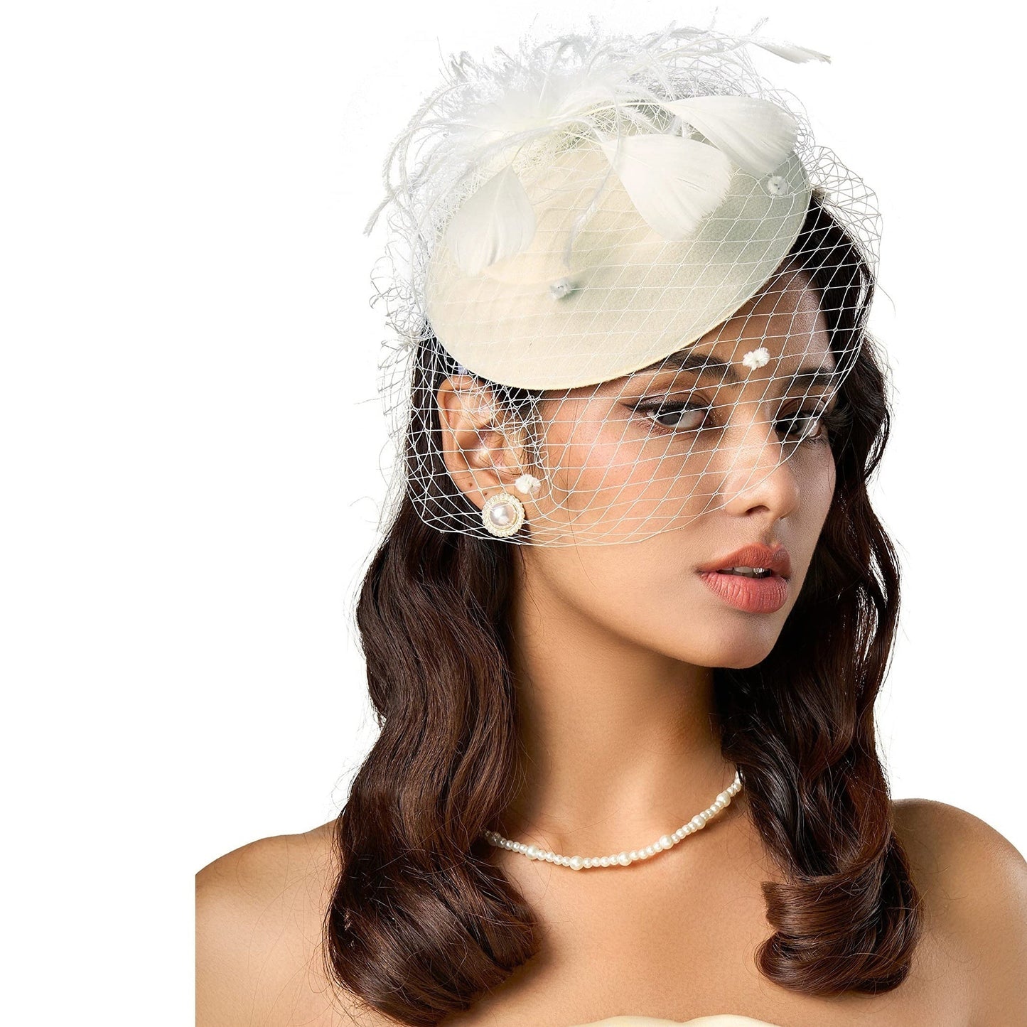 Faux Feather Fascinator Hat with Veil and Hair Clip - Perfect for Tea Parties, Derby Hats, Bridal Weddings