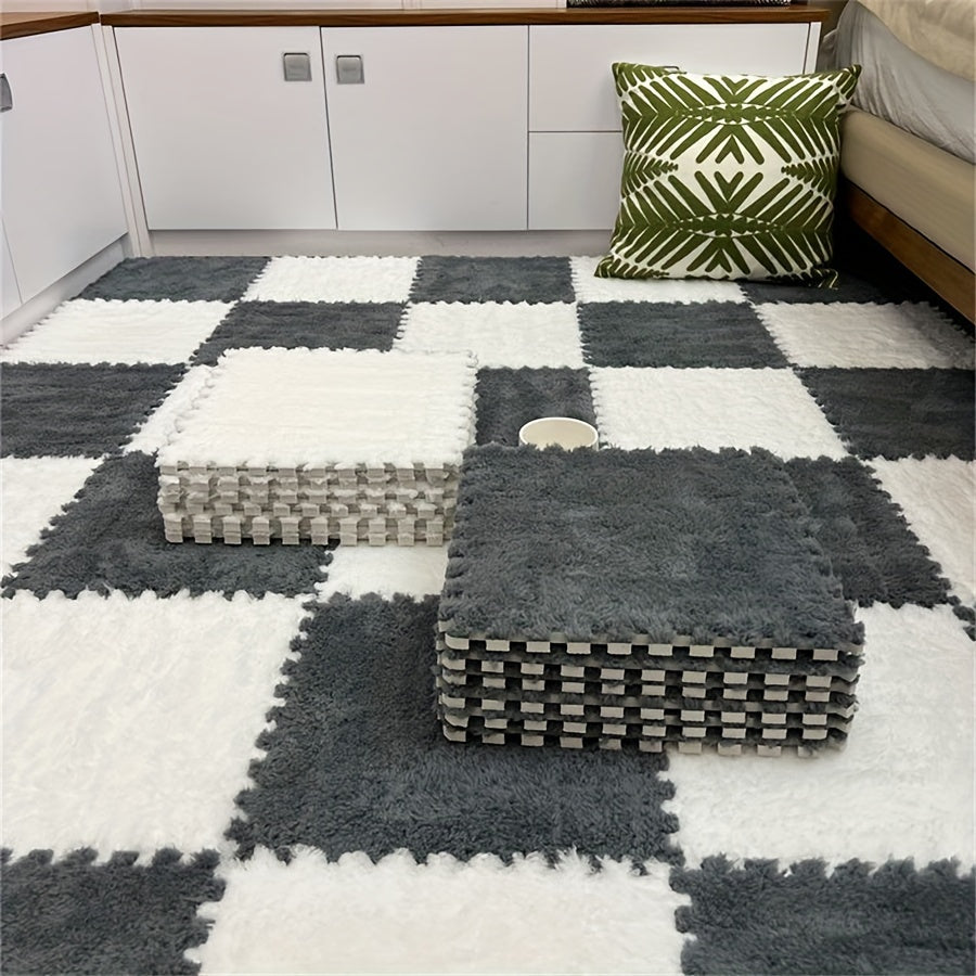 Set of 12 Interlocking Square Carpet Tiles - Made of Soft Polyester, Easy to Hand Wash, Ideal for Decorating Living Room & Bedroom, Each Tile Measures 29.97x29.97 cm