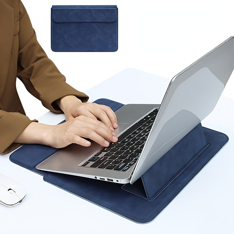 Leather laptop sleeve with stand, ergonomic and water-resistant, fits 13.3, 14.1 inch notebooks - solid pattern.