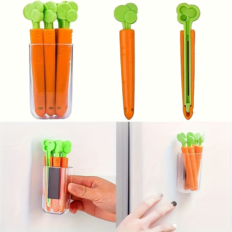 Magnetic Bag Clips in Carrot Shape, Set of 5 - Reusable Plastic Sealers for Food Storage, Groove Design Kitchen Organizers for Snack Bags, Safe for Non-Food Contact