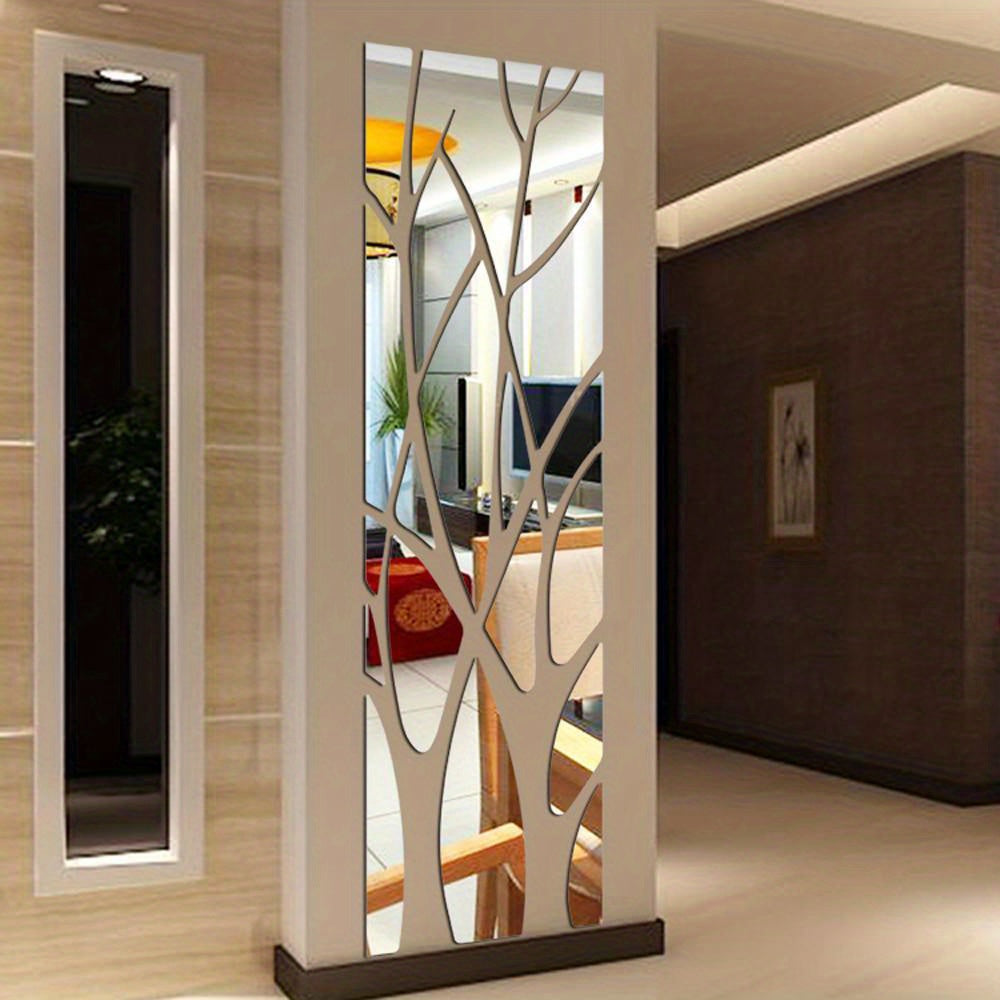 Three-dimensional mirror branch wall sticker for home decor in dining or living room.