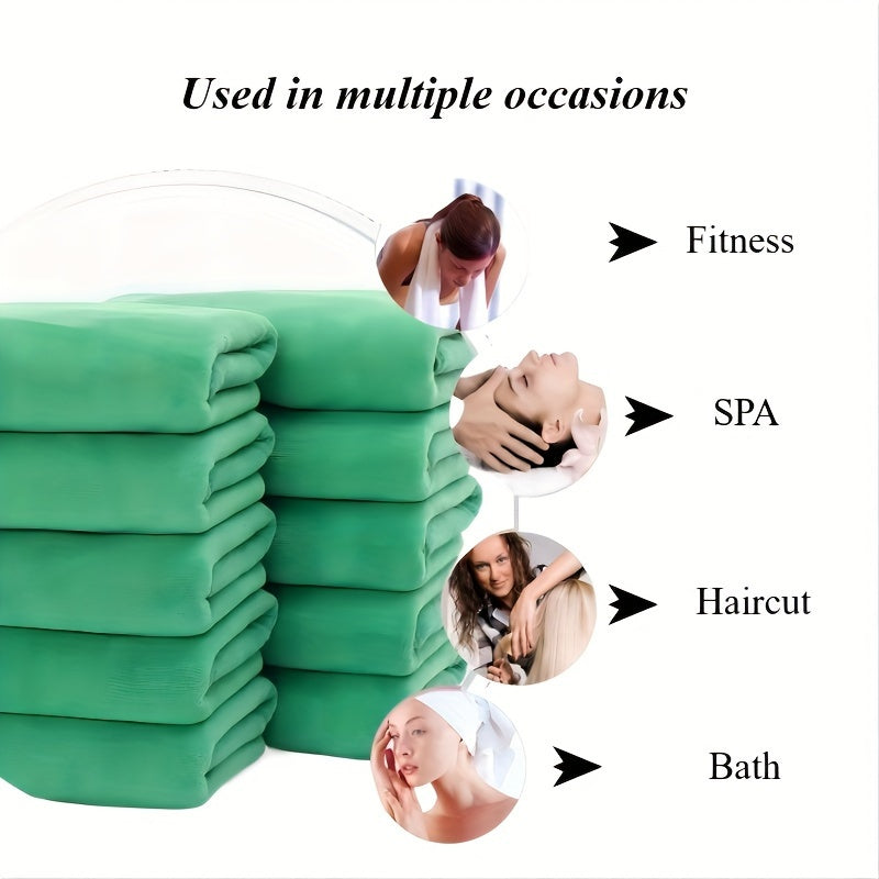 10-piece towel set made of super soft, super absorbent polyester fiber, suitable for various uses including bathroom, gym, hotel, spa, barber shop, beauty salon, and commercial cleaning.