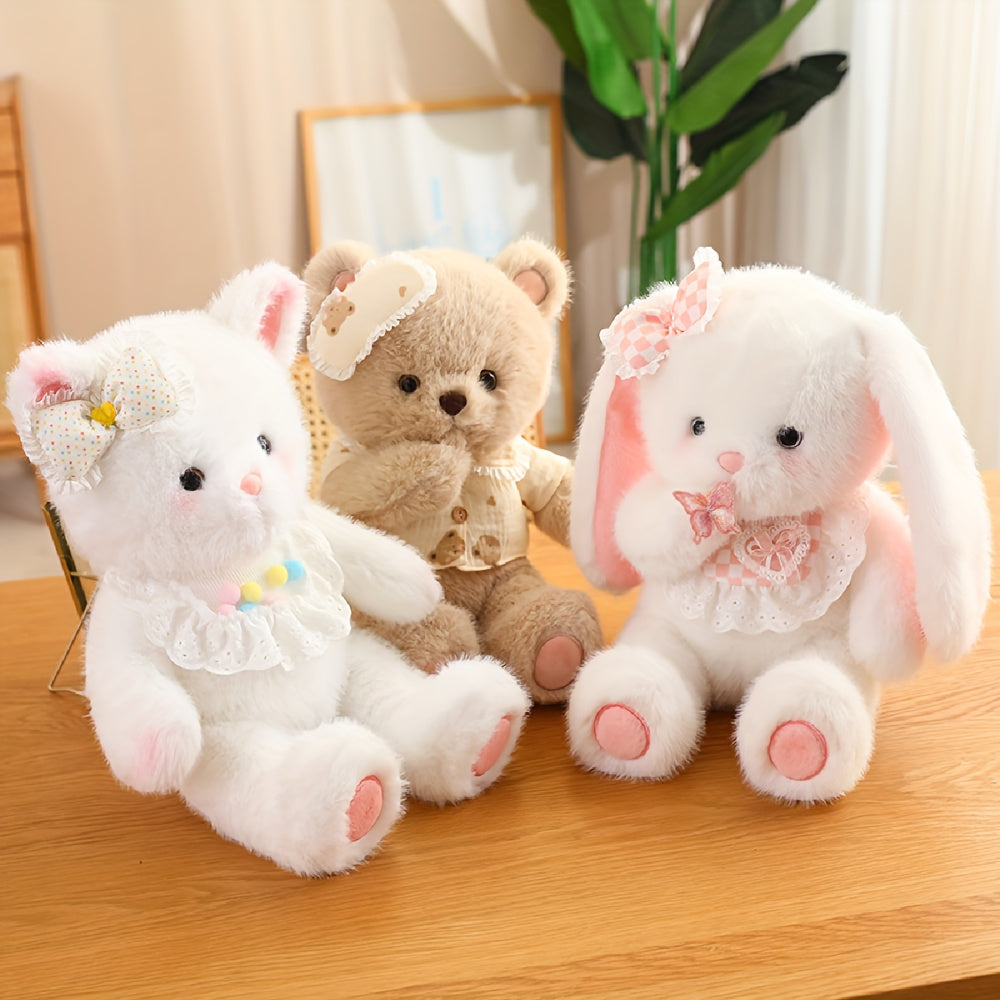 Soft and calming Fox, Bear, and White Cat plush dolls ideal for home decor or as a thoughtful gift.