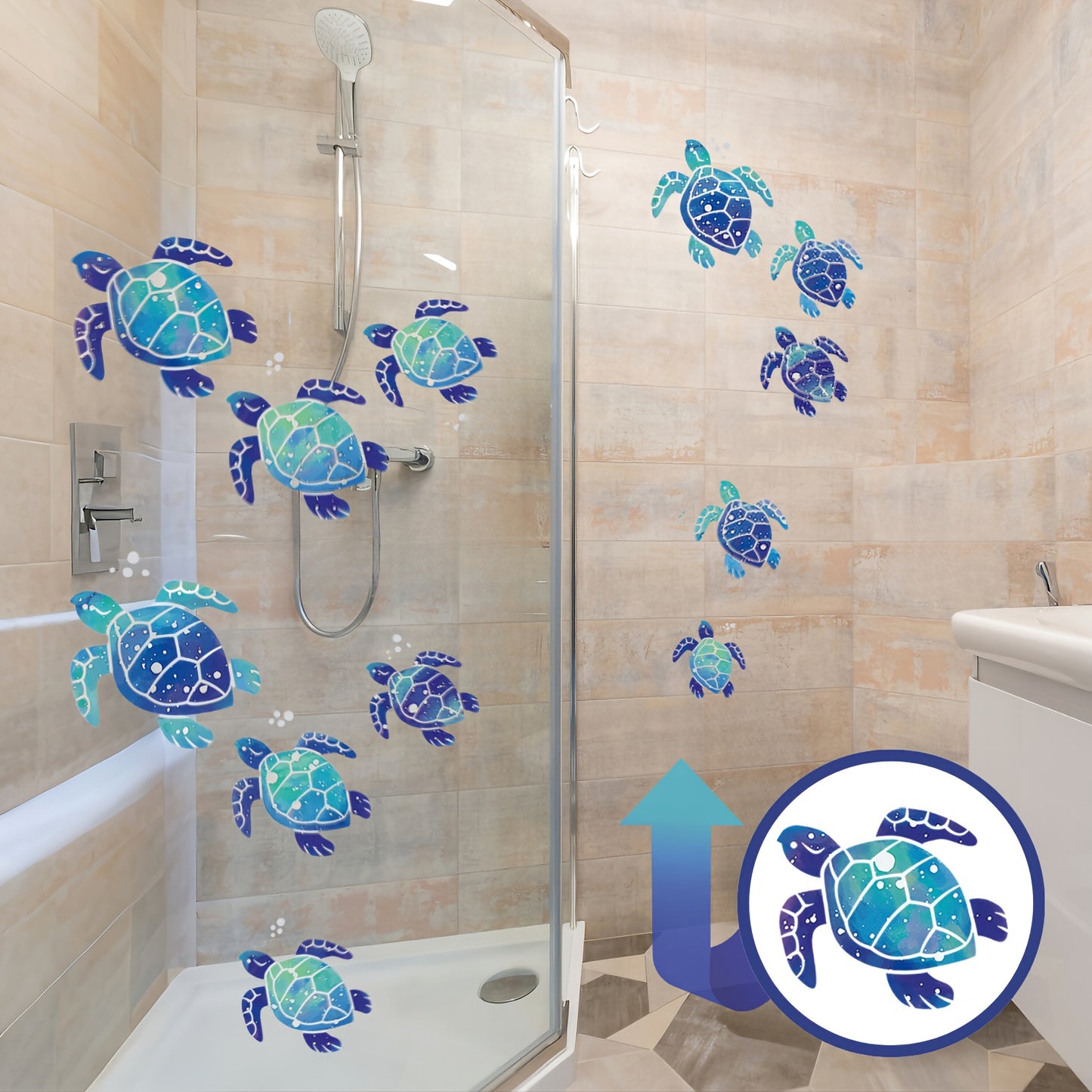 12 Undersea World Blue Sea Turtle Wall Decals, Ocean Vinyl Stickers for Bathroom, Waterproof Decoration for Home or Office.