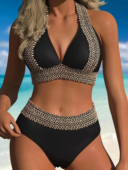 Plus size women's two-piece bikini with high-waisted bottoms, embellished halter neck, and solid color design, perfect for the beach.