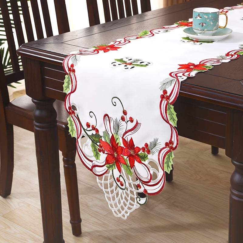 1pc Exquisite Christmas Embroidered Table Runner, Hand Hollowed, Perfect for Holiday Decor and Parties in Dining and Living Rooms