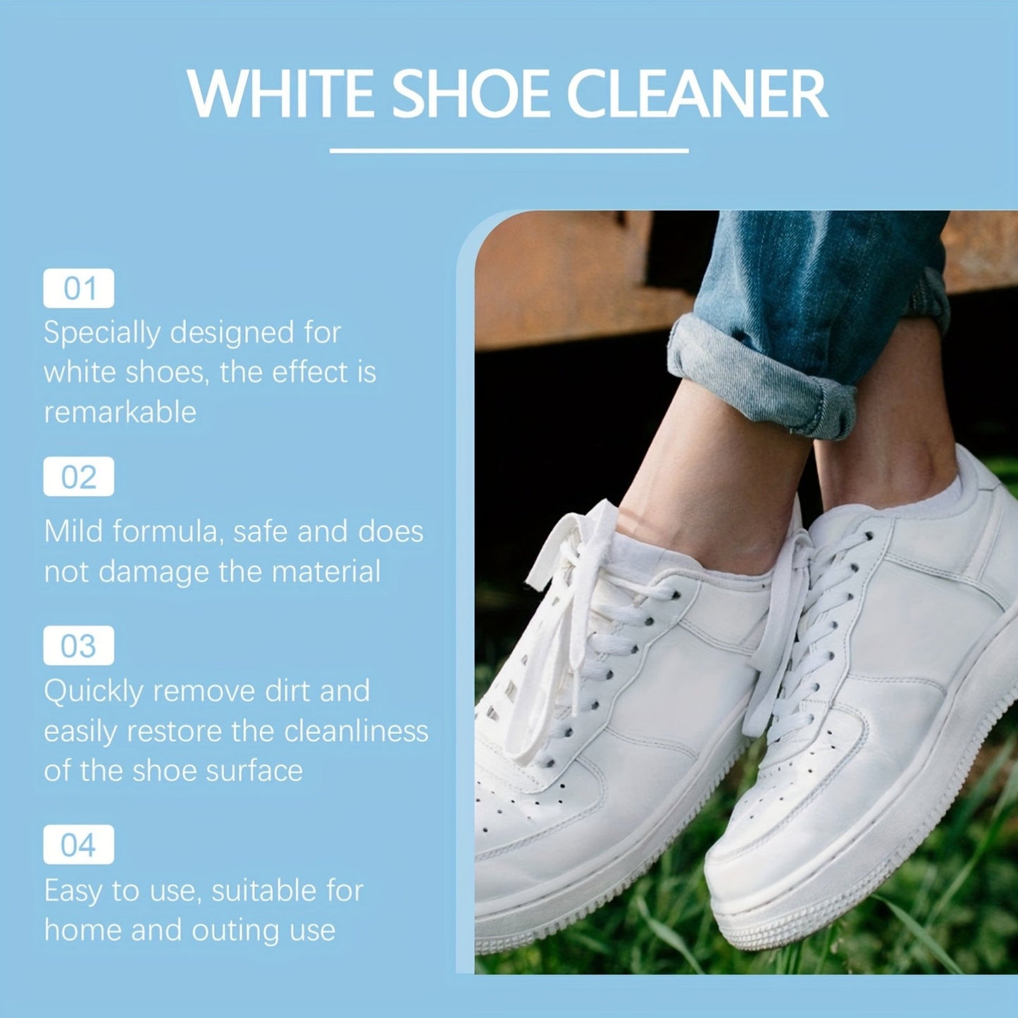 Jue Fish White Shoe Cleaner Foam effectively removes stains and yellowing, providing long-lasting care for PU leather, canvas, and athletic shoes. This residue-free formula contains sodium bicarbonate in a liquid form, with a capacity of less than 1