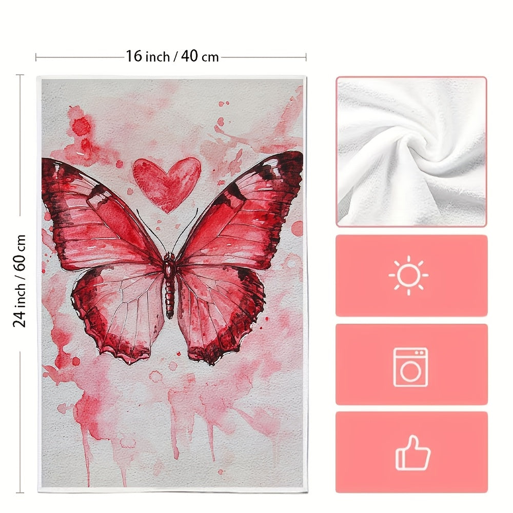 Get into the Valentine's Day spirit with these two ultra soft kitchen towels featuring a vibrant red butterfly and heart design. Made from highly absorbent polyester, these dish hand towels are machine washable and measure 40.64x60.96 cm. Perfect for