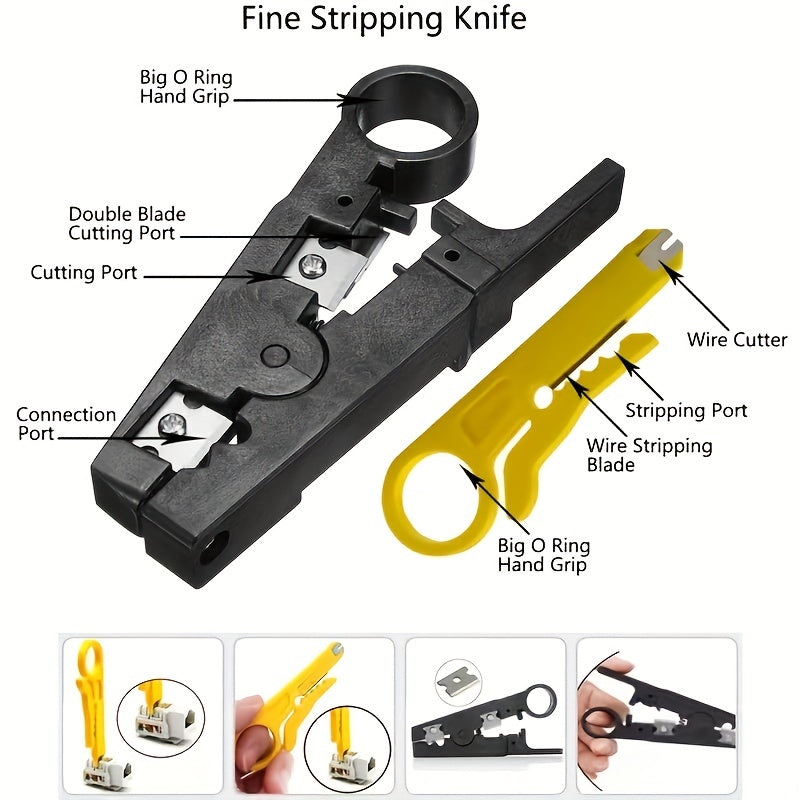 11-in-1 portable network tool kit for Cat5, Cat5e, and Cat6 cables, including Ethernet cable crimper, connectors, cable tester, and punch down tool.