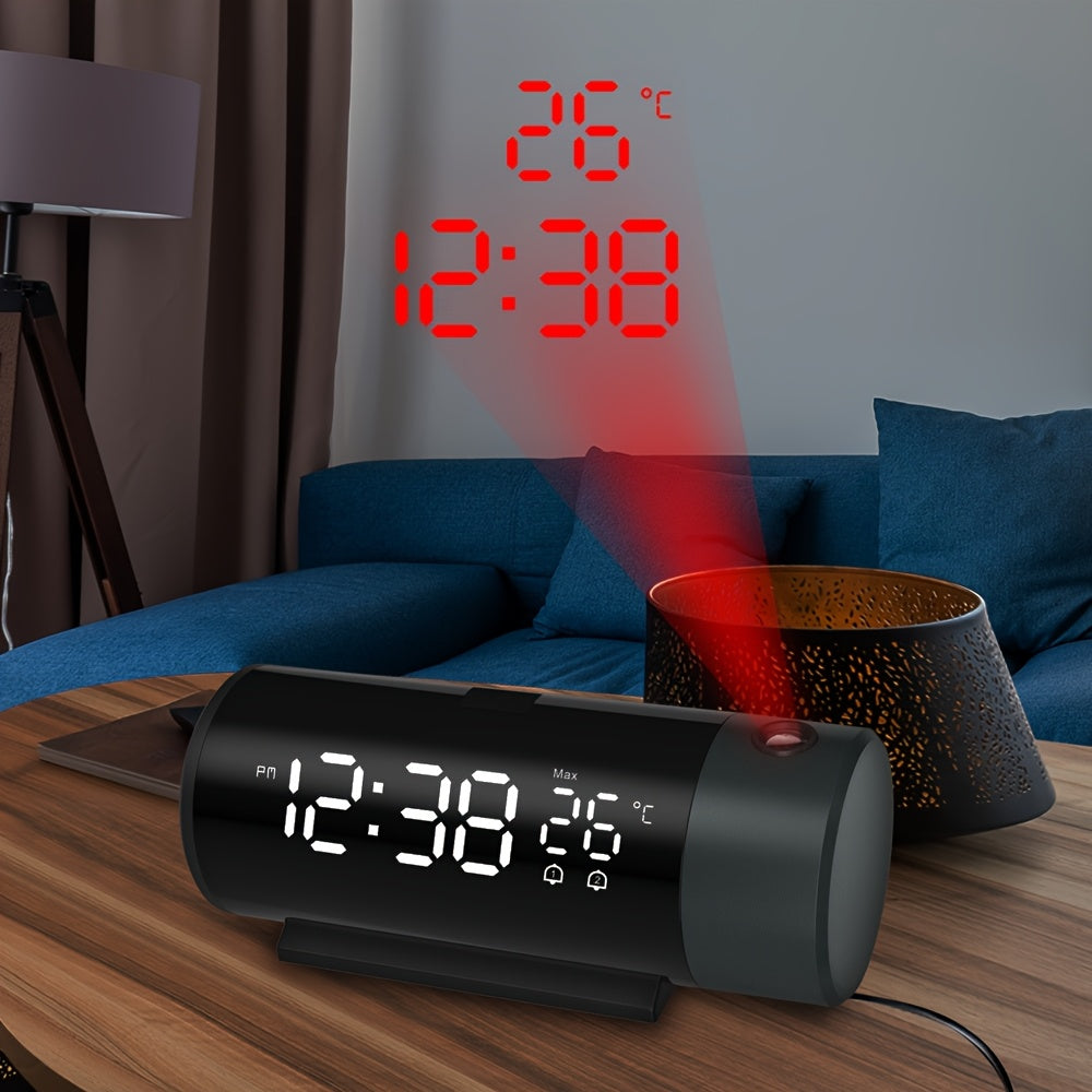 Digital smart projection clock with USB connection, dual alarms, sleepy function, time and temperature projection, and 4 brightness levels.