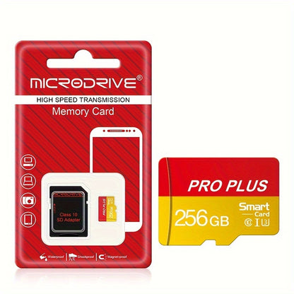 256GB Class10 U3 UHS-I TF memory card for 4K HD with SD adapter in yellow and red.