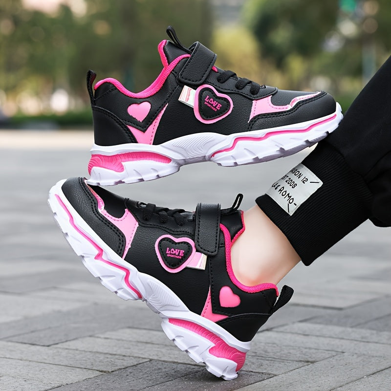 Stylish black and pink running shoes with glow-in-the-dark feature and hook-and-loop fastener, perfect for all seasons.