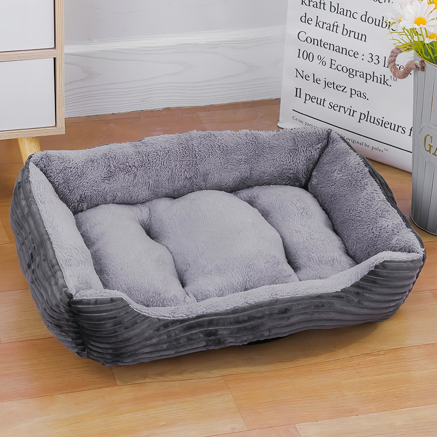 YIWANG Luxury Square Pet Bed, Polyester Fiber, Non-Slip Moisture-Proof, All-Season Warm Dog & Cat Bed for all breeds - Gray XL