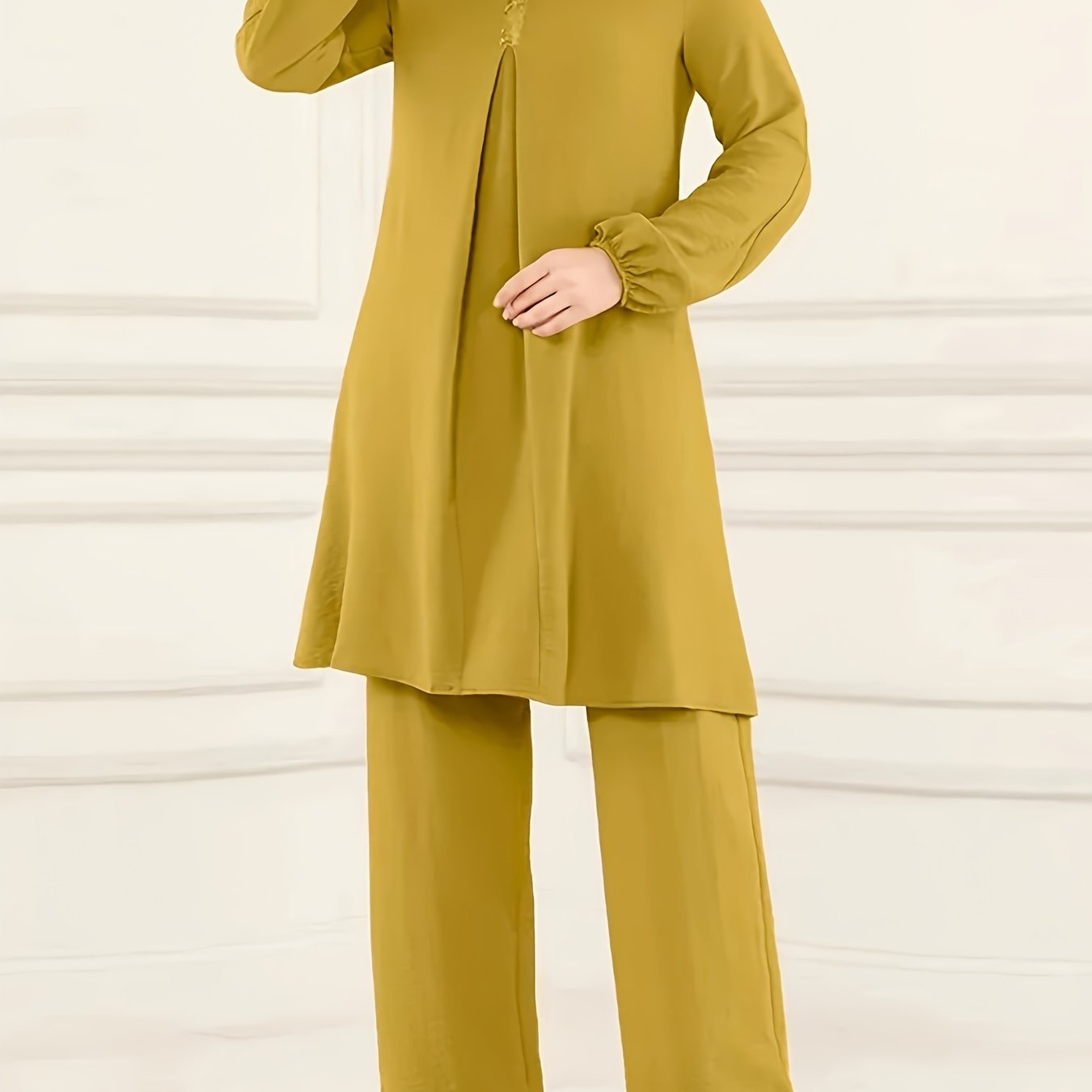 Ramadan Elegant Solid Muslim Two-piece Set for Women: Long Sleeve Crew Neck Top with Straight Leg Pants.