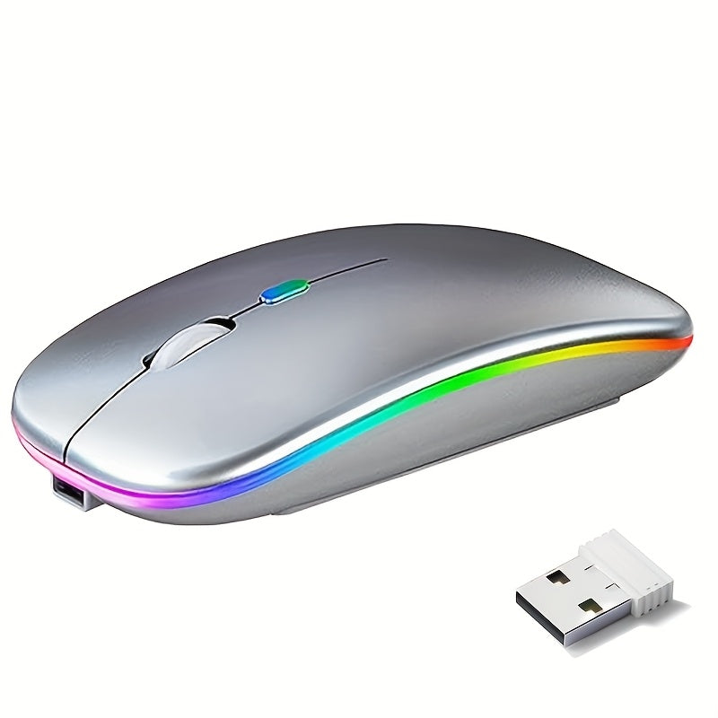 Slim wireless mouse with 2.4G+BT technology, USB receiver, and anti-slip scroll wheel, suitable for laptops and computers.