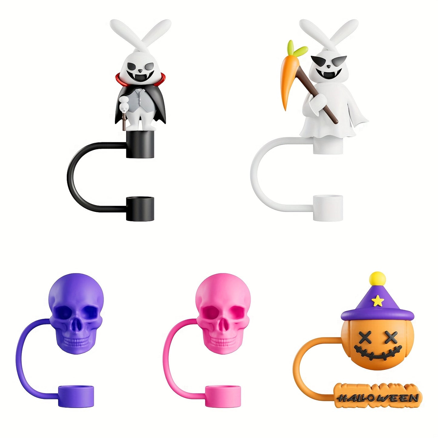 Halloween-themed stainless steel water bottles with BPA-free straw set and fun lids, hand wash only. Includes 6 round bottles and 1 extra straw.