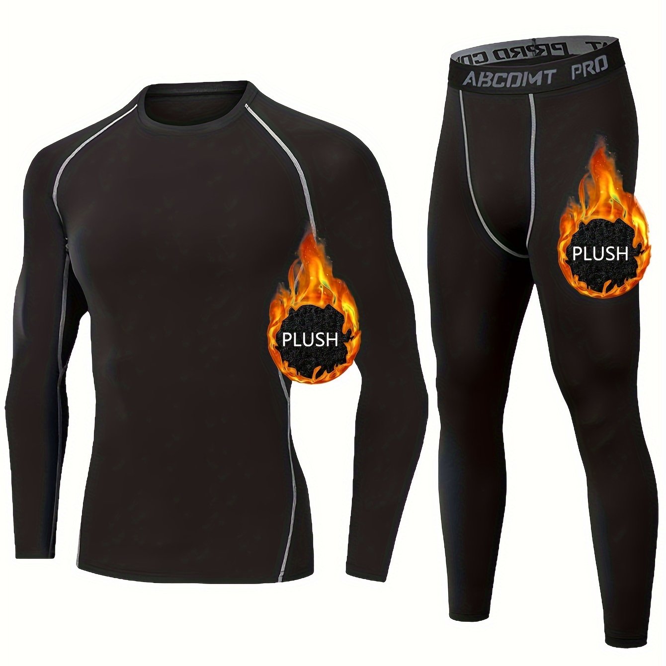 Men's 2-piece warm plush underwear set for outdoor sports in autumn/winter. Includes quick-dry compression shirt and high-elasticity base pants. Made of polyester fabric with spandex