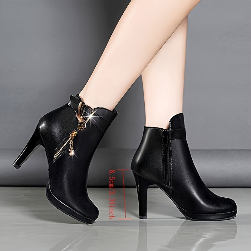 Stylish women's ankle boots with pointed toe, high heel, side zipper.