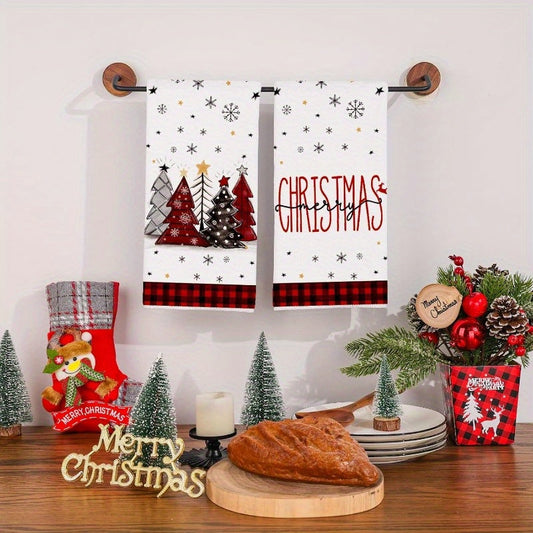 Pair of Christmas kitchen towels featuring Christmas tree design, perfect for dishwashing and festive home decor. These handkerchiefs are ideal for seasonal winter festivals and Christmas tree decorations. Use them as home drying wipes, as they are large