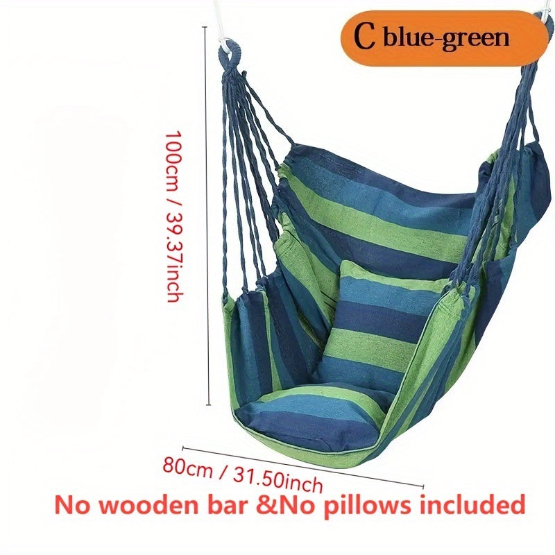 Durable, portable hammock chair with striped fabric ideal for outdoor camping and travel. Suitable for yard, balcony, and bedroom.