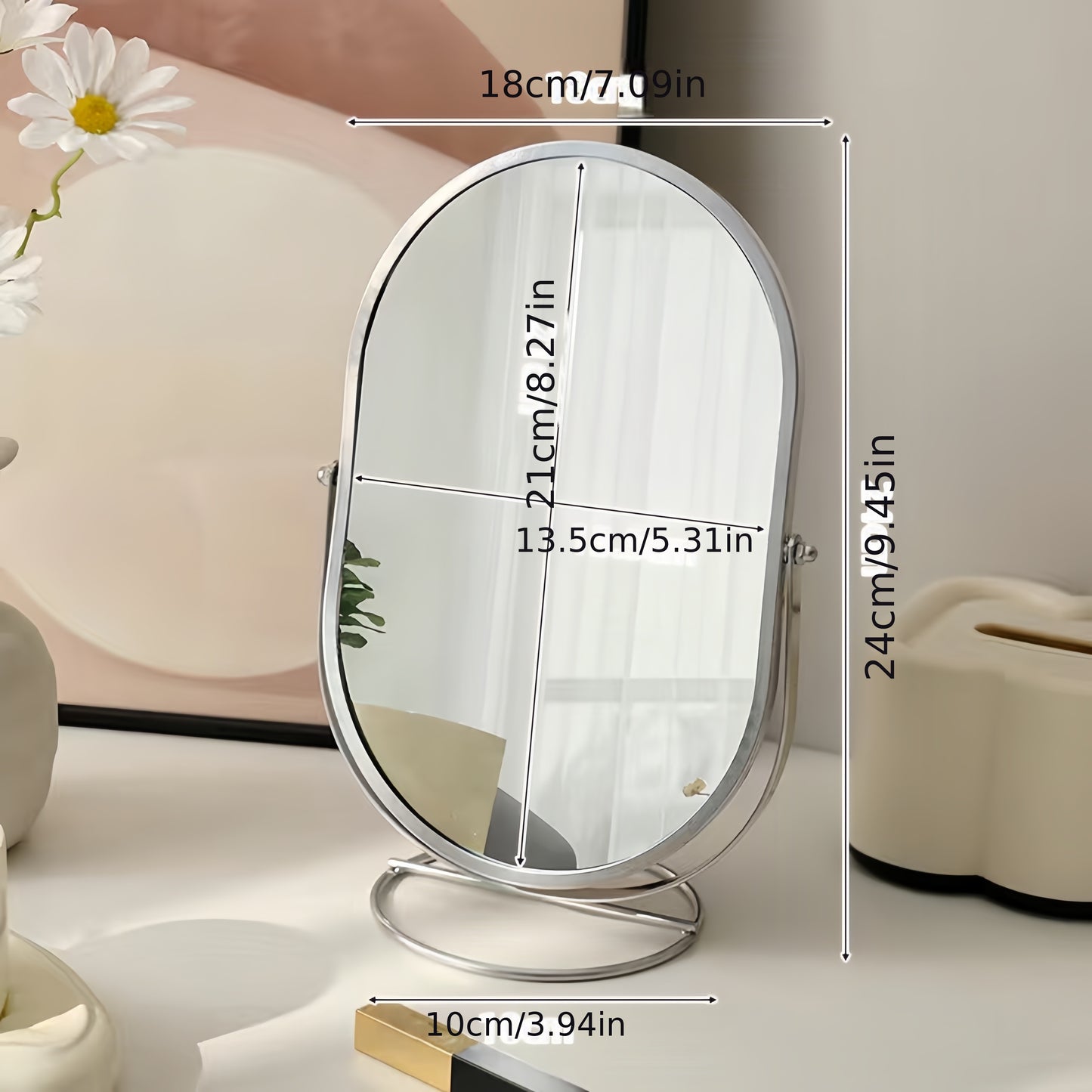 360° rotatable freestanding makeup mirror with iron frame, high-definition surface, perfect for bedroom or vanity table.