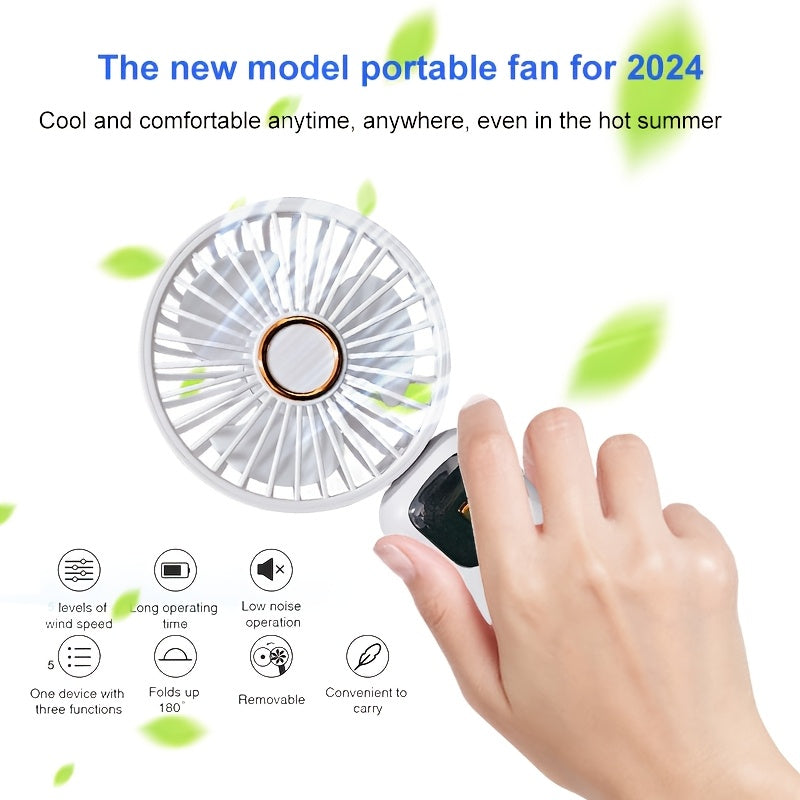 Rechargeable USB Handheld Fan with Quiet Operation and Foldable Neck Design, Ideal for Desk, Office, Bedroom, Outdoor Travel, Camping, and School. Features High-Velocity Cooling, 1200mAh Lithium Battery, Wearable Design, and Easy Button Control. Perfect