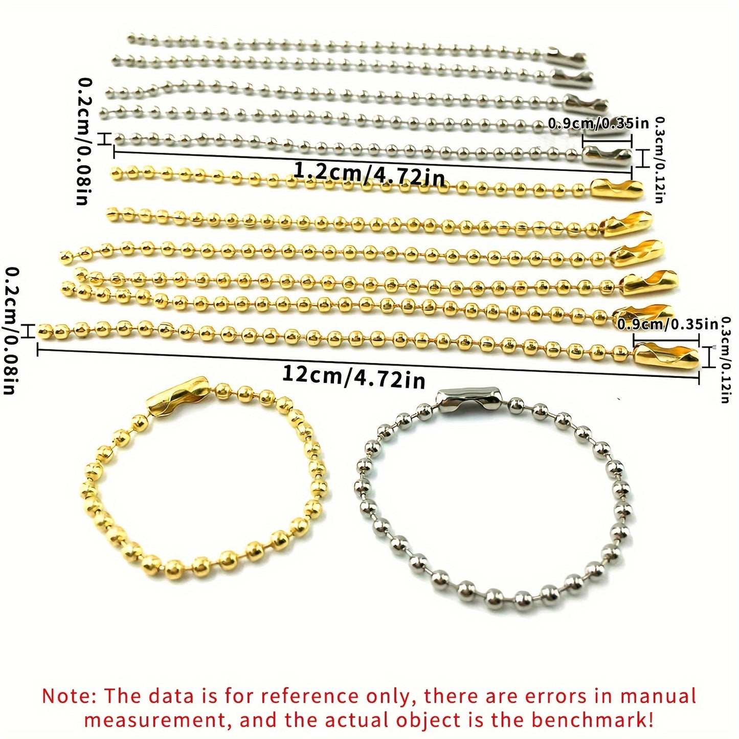 Набор из 50 золотых и 50 серебряных шариковых цепочек длиной 12 см.