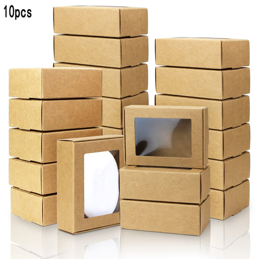 This listing includes 50 pieces of 10 packs of Mini Square Kraft Paper Boxes featuring a clear window. Each box measures 8.48cm x 5.99cm x 3.0cm and is perfect for showcasing jewelry, wedding favors, and soaps. Made from brown wood material, these boxes