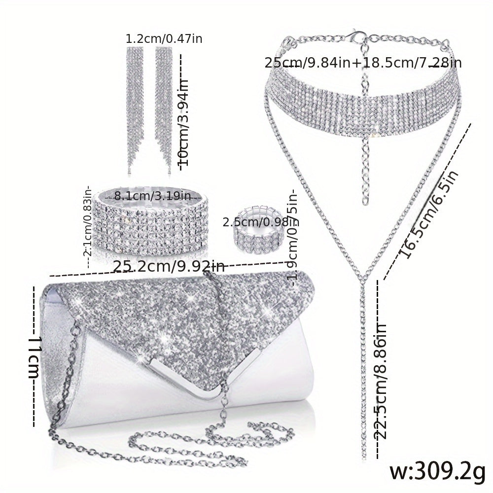 This luxurious jewelry set includes one pair of earrings, one bracelet, one ring, one necklace, and one purse. Each piece is elegantly designed with silver plating and adorned with sparkling rhinestones for a truly stunning look.