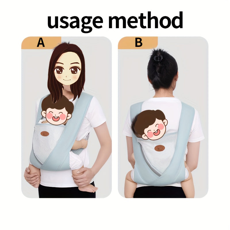 Breathable, multifunctional youngsters carrier with polyester fiber shoulder strap, buckle closure, hand wash only. Available in mixed colors. Youngsters wrap carrier.