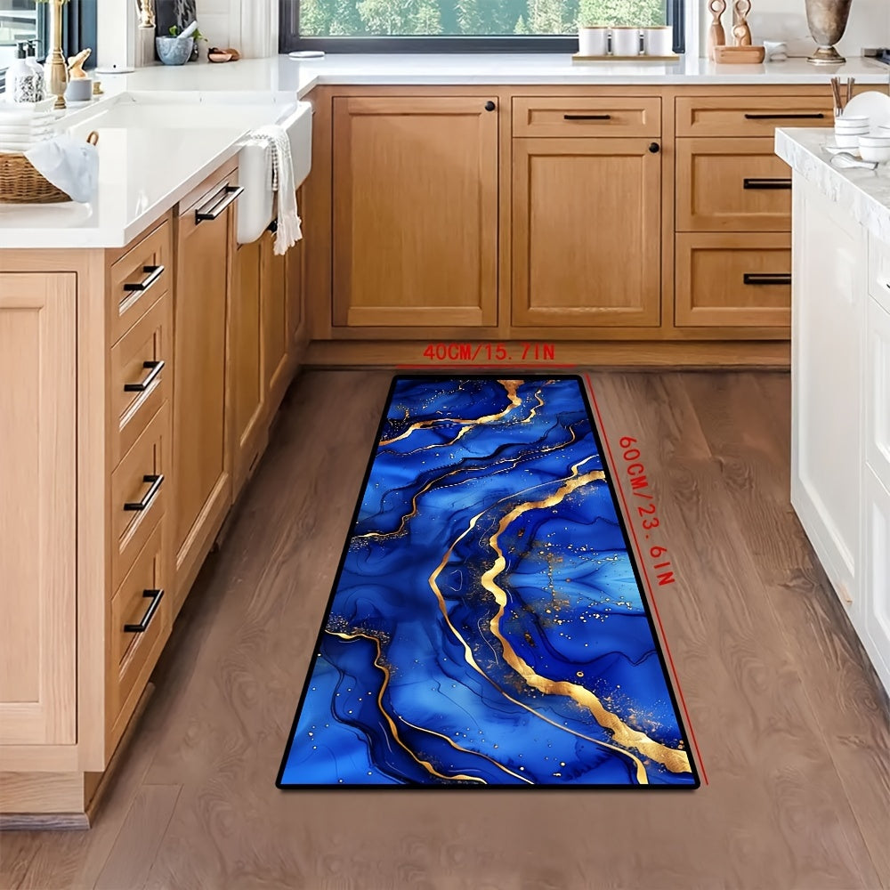 Indulgent Blue and Gold Abstract Art Crystal Velvet Rug - Yumshoq, Qaytmas, Oson tozalash, Mashinada yuvish mumkin, 850g/m², 6mm qalin, Oshxonalar, O'yin xonalari va Kir yuvish joylari uchun mukammal, Oshxona matlari