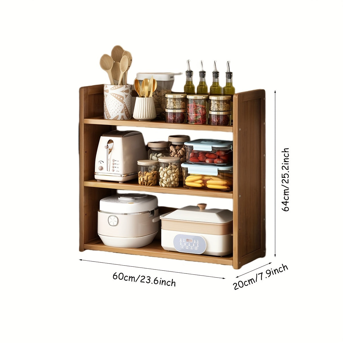 Large freestanding organizer made of brown hardwood, designed with open shelves for kitchen storage. Easy assembly with no power needed, perfect for home and kitchen use.