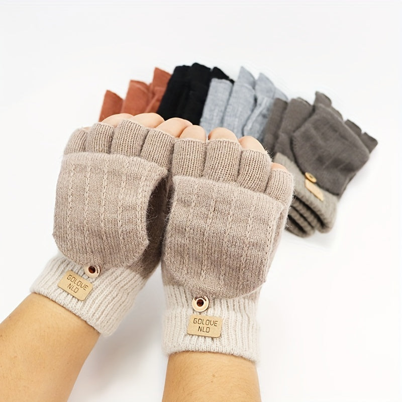 Stay warm and stylish in these women's knitted polyester flip gloves. These casual half-finger gloves come with a cover to keep your fingers cozy. Their solid color design is both classic and versatile, while the elastic material ensures a comfortable