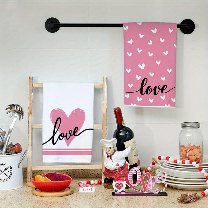 Valentine's Day themed gift towels, featuring a pink beloved logo, perfect for kitchen use and drying off, each set includes 2 towels measuring 18 by 66.04 cm.