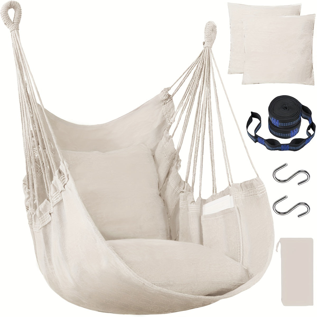 The package includes a hammock chair, two thick cushions, two 1.5-meter straps with 5 loops and 1 buckle, two climbing S-hooks, and a canvas storage bag. High-end configuration for export