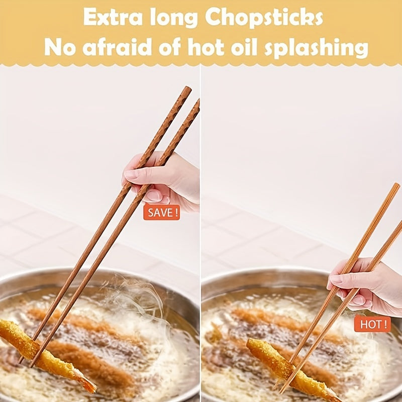 2 long wooden cooking chopsticks, reusable for noodle frying and chafing dishes. Super long kitchen cooking sticks.