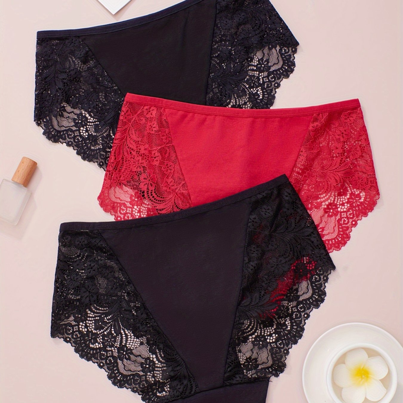 Three high rise, soft and breathable lace briefs for women's lingerie and underwear.