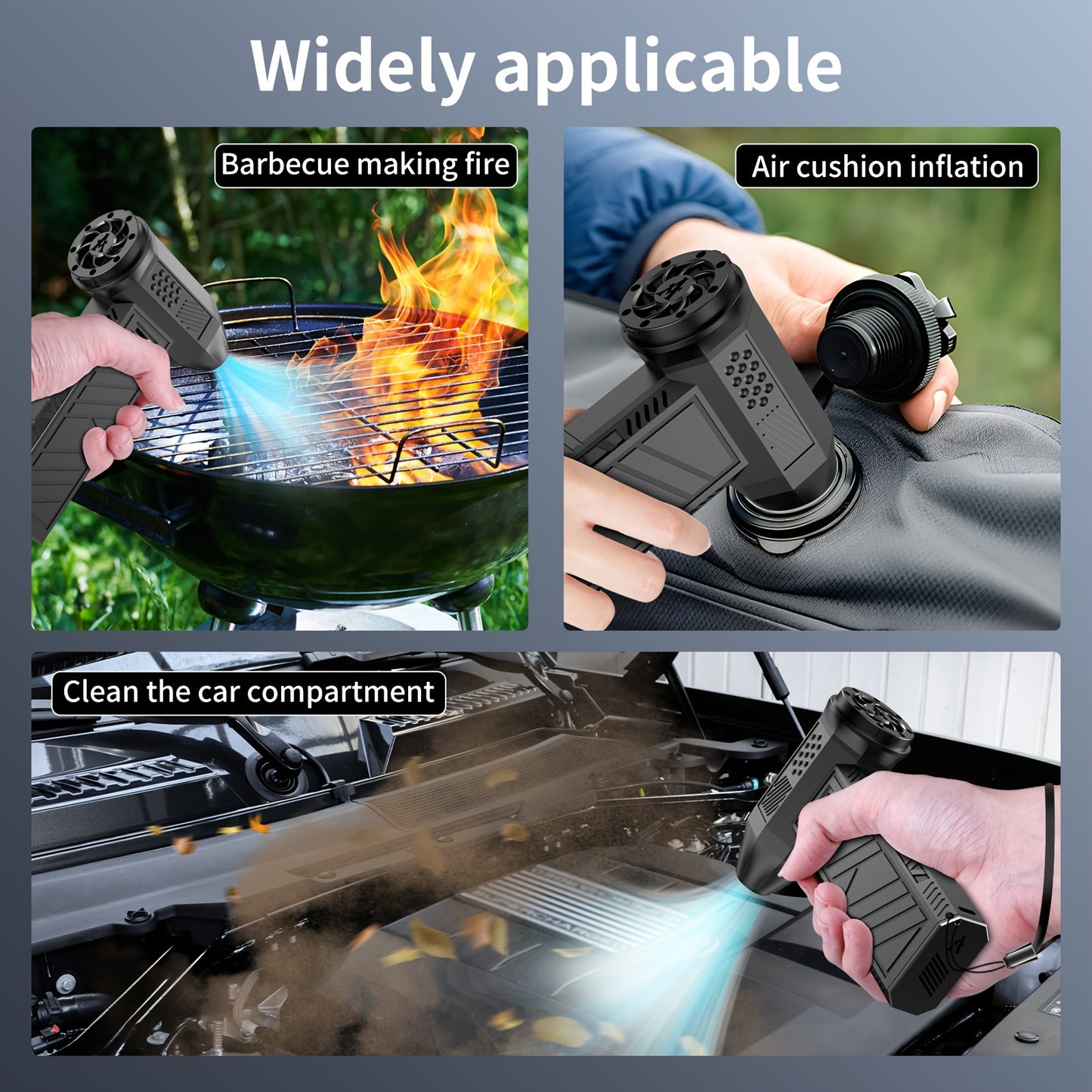 Portable Turbo Blower for outdoor use, with 130000 RPM high-speed handheld jet fan. Multi-functional for snow removal and BBQ carbon production. Battery/USB powered with 4000mAh