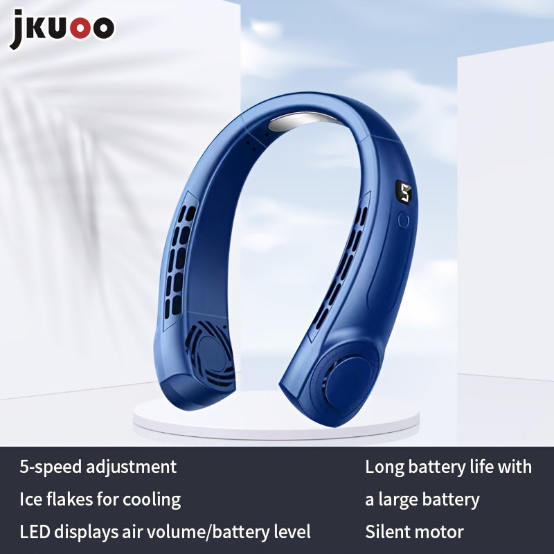 Stay cool on-the-go with the JKUOO Portable Neck Fan! This mini fan features a noise reduction system and is USB rechargeable for convenient use. The hands-free design allows for personal cooling with button control. Made of durable plastic material