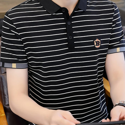 Men's Striped Golf Shirt with B Embroidery and Graphic Print, Casual Lapel Shirt for Summer Outdoor Activities