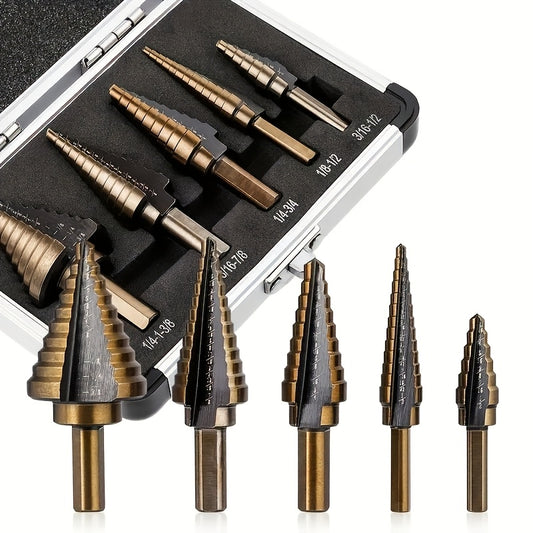 5-piece black fillister head step drill bit set with multiple hole sizes in aluminum case for use with electric drill in construction, carpentry, wood, and metal.