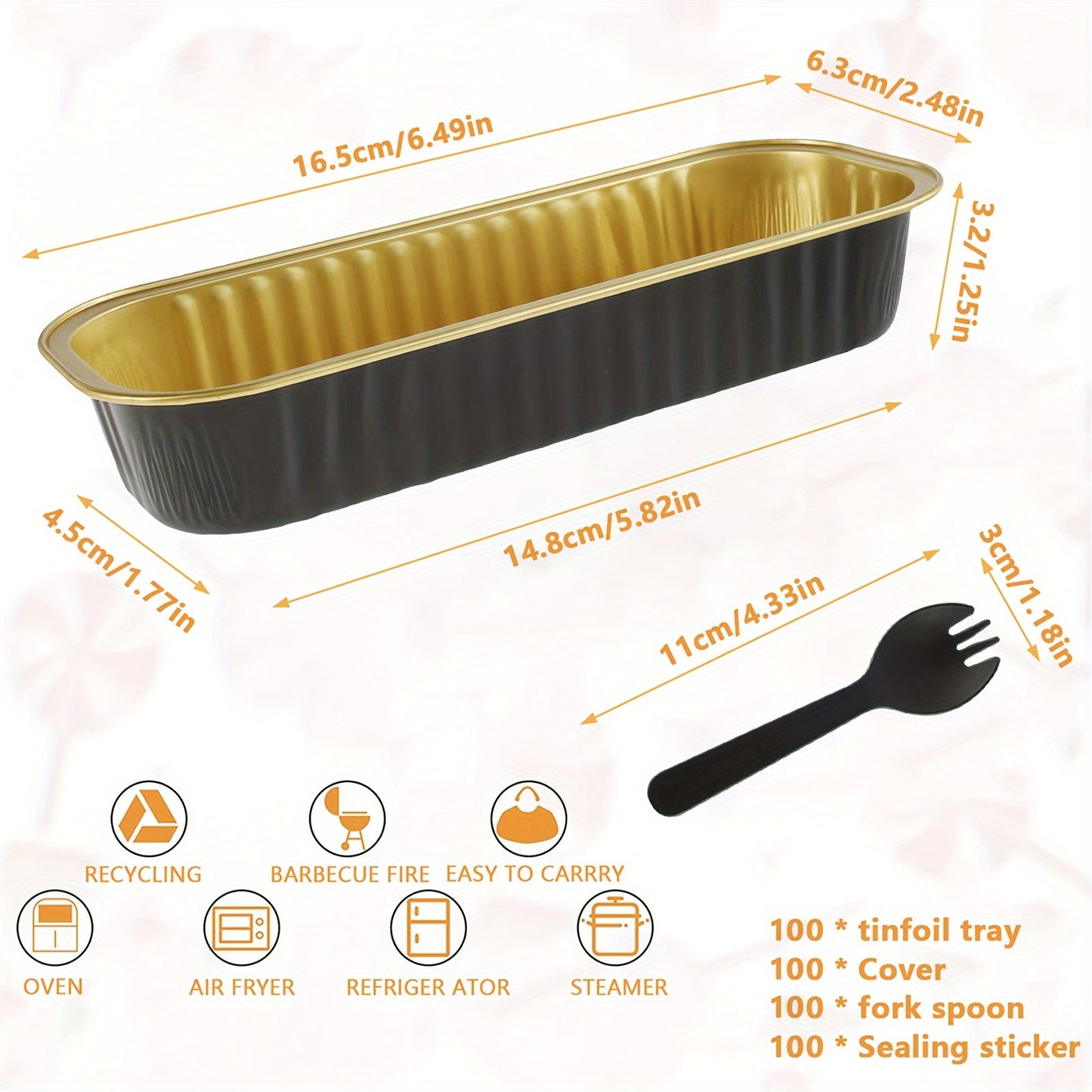 Set of 150 mini cake pans complete with lids and spoons, made of 6.76oz aluminum foil. These rectangular disposable cake molds are perfect for stacking in your baking containers at home. They are oven-compatible and ideal for holidays such as Christmas