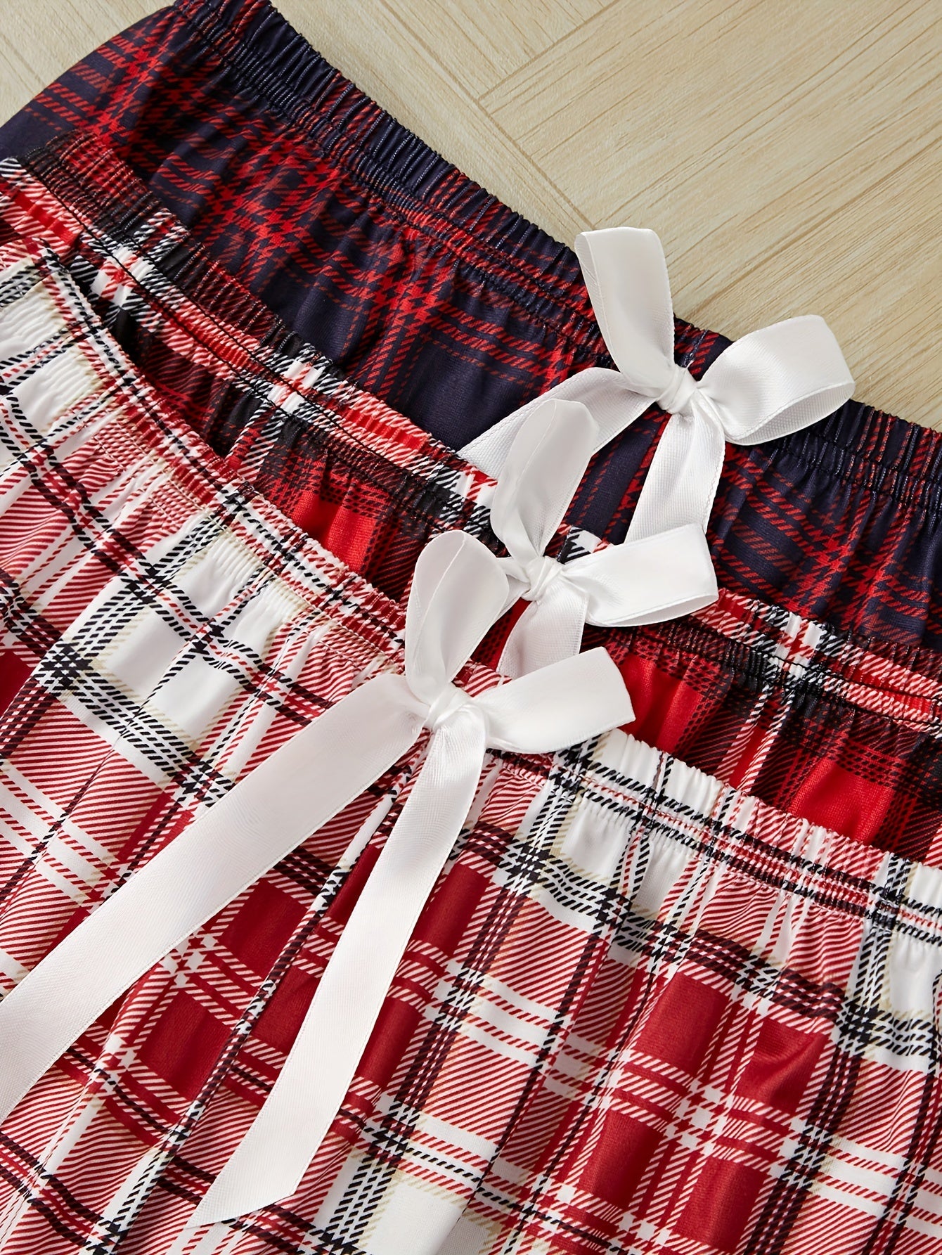 3 plaid print front bow pajama sets