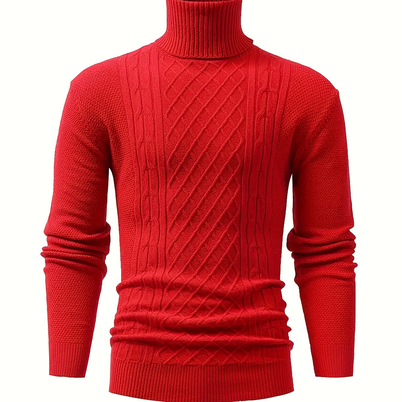 Men's cable knit turtleneck sweater for fall/winter, warm and stretchy pullover with solid color, long sleeves, blend fabric.